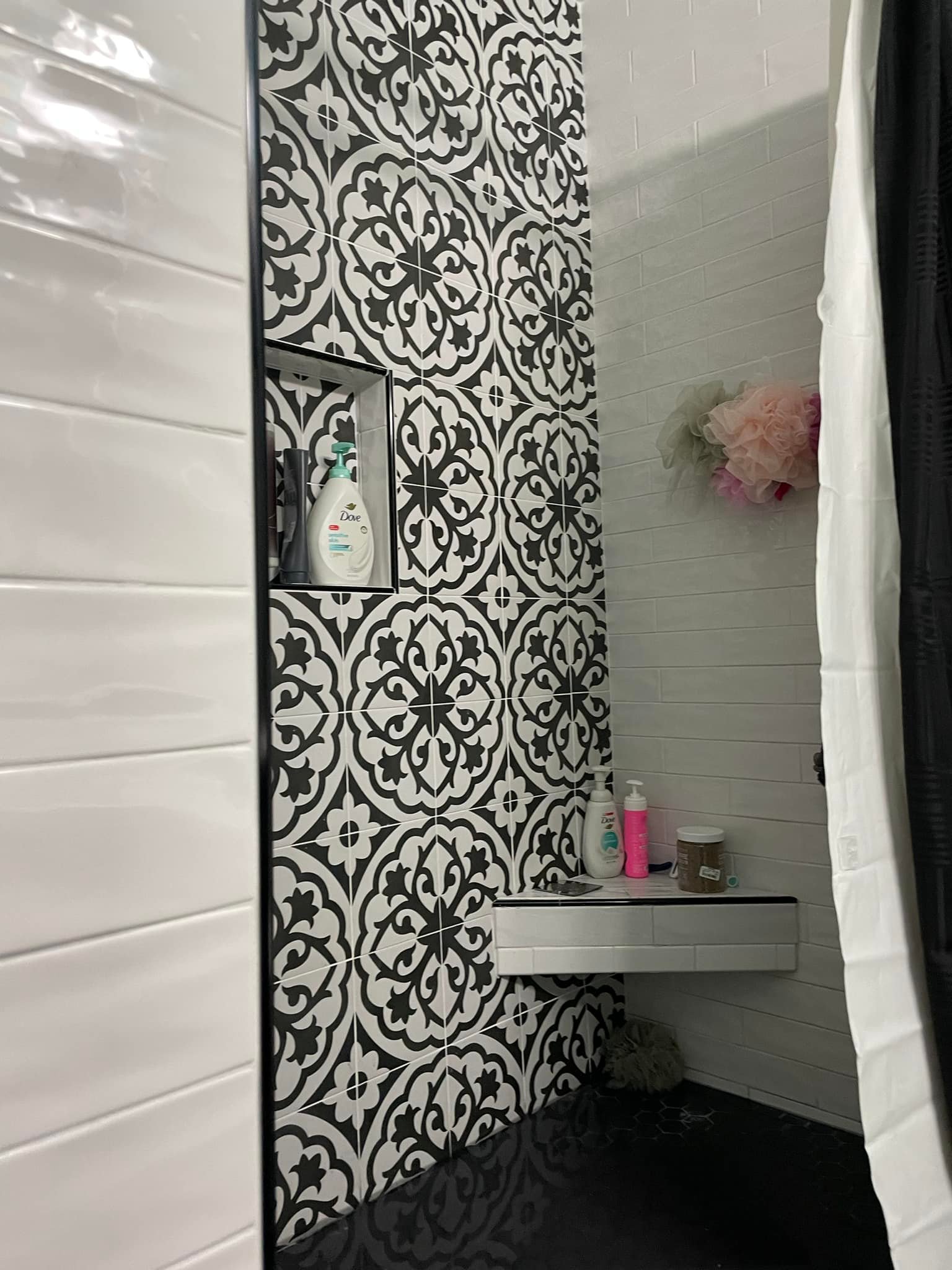 Decorative pattern tile walk-in shower installed in Central Texas