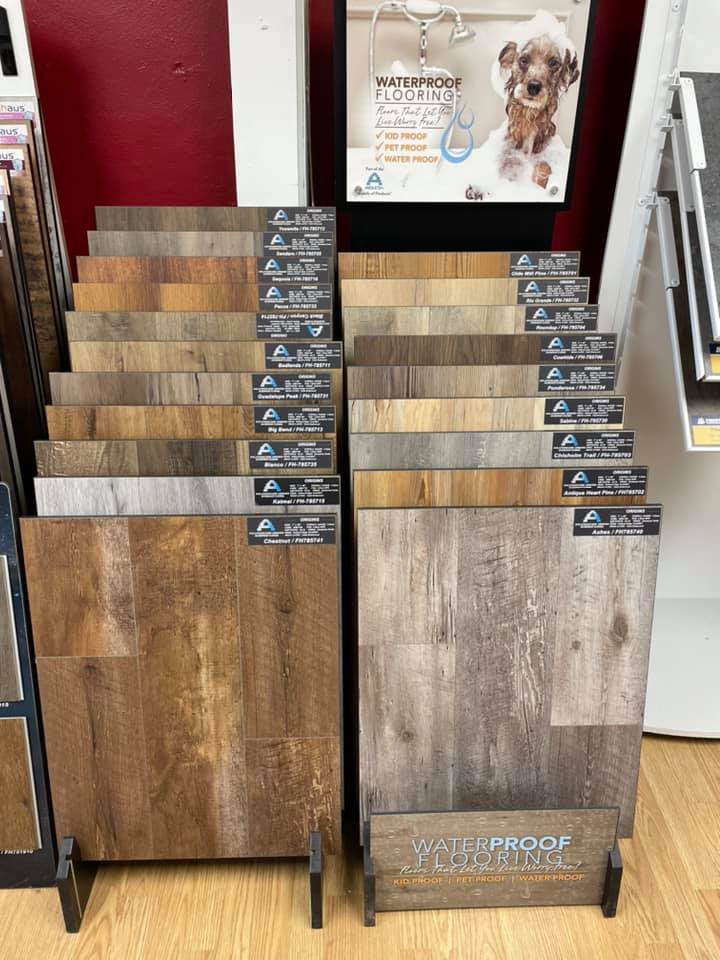 Engineered hardwood flooring samples on display at Heart of Texas Flooring showroom in Brownwood TX
